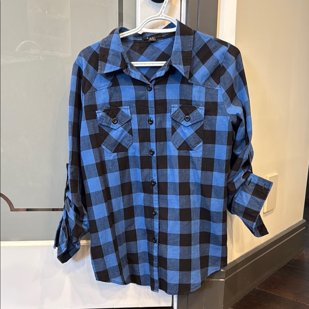 Blue and Black Plaid Button-Up Shirt
